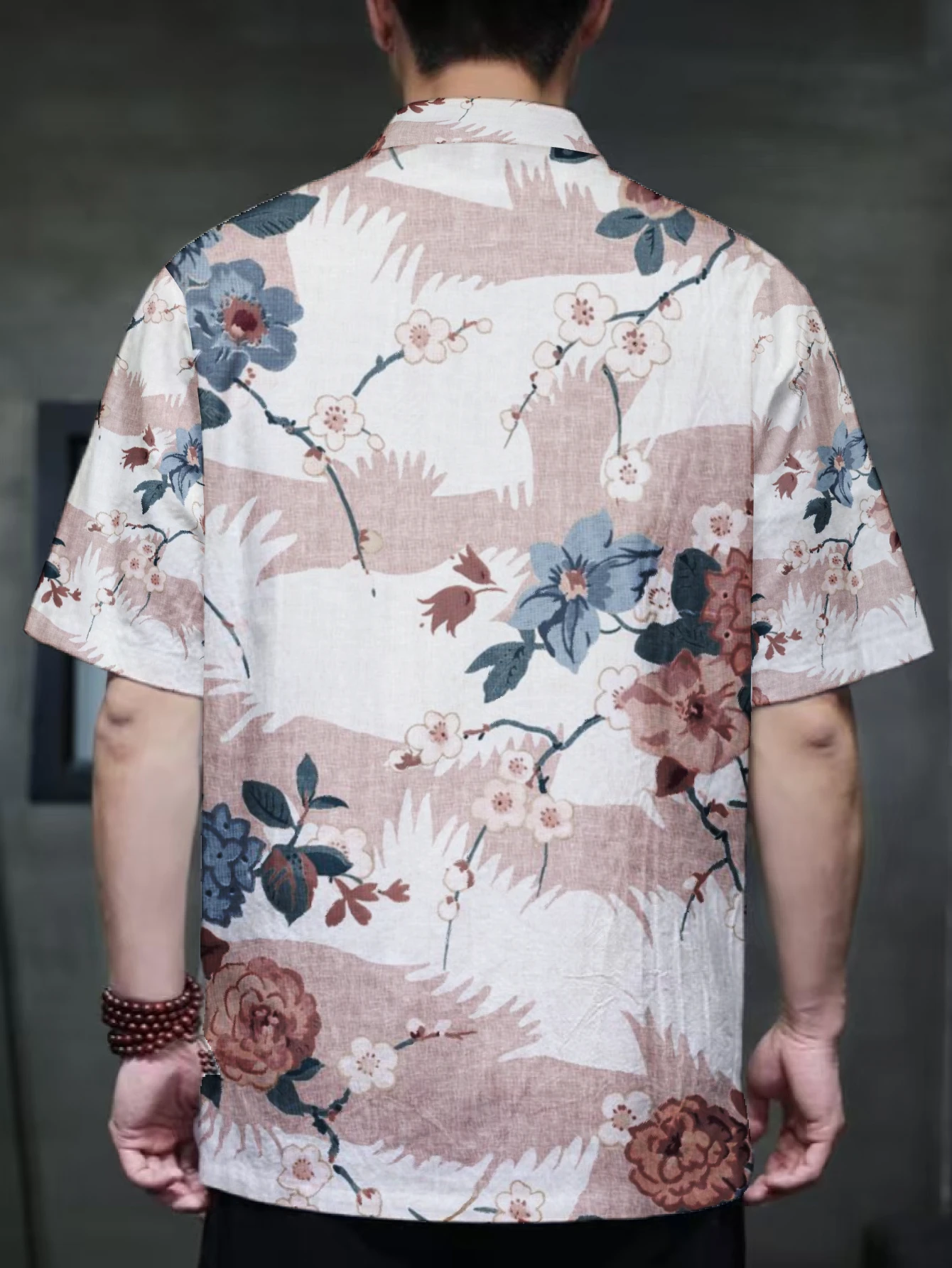 Mens Chinese Style Tang Shirt Vintage Mixed Blossom Print Frog Button Blouse