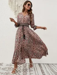 Women's Spring Autumn New Style Seven Sleeve Lace Waist Fashion Lantern Sleeve Bohemian Dress Vacation Style Beach Dress