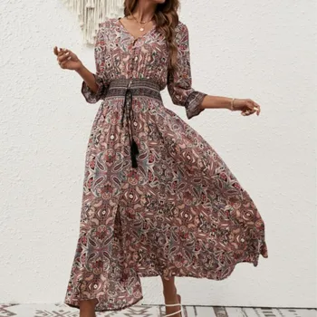 여성 용수철 7 소매 레이스 웨이스트 패션 랜턴 슬리브, 보헤미안 원피스 휴가 스타일 비치 원피스, 가을 신상 스타일 