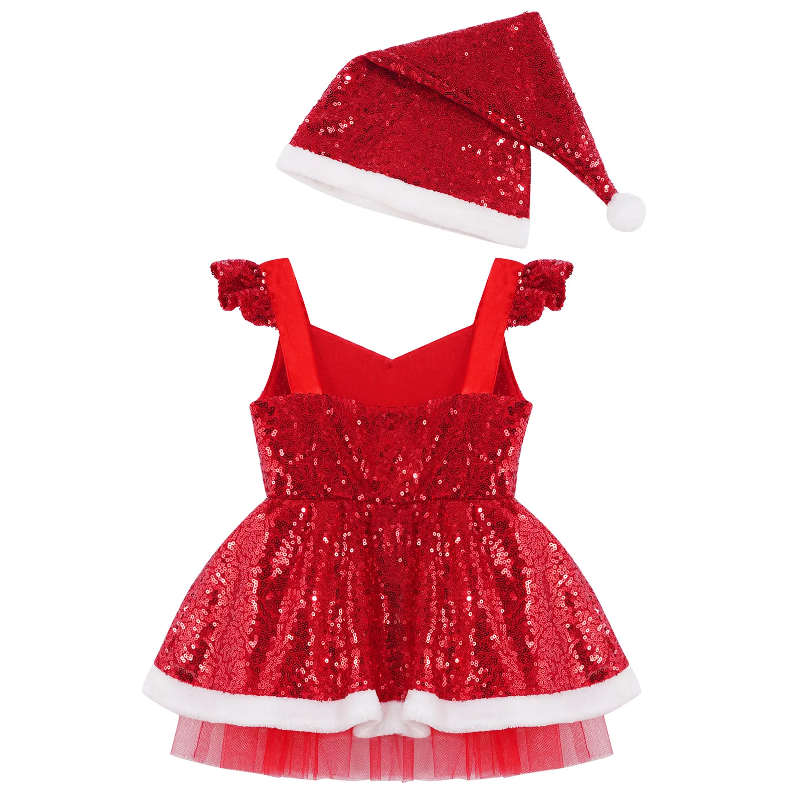 Kids Girls Christmas Costume Flutter Shoulder Sequins High Waist White Terry Trim Mesh Patchwork Dress with Classic Hat Set