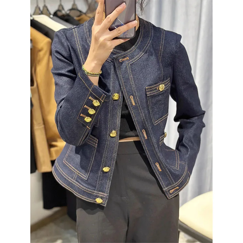 

Women's Spring Autumn New High-Grade Denim Jacket Women's Small Fragrance Contrasting Bright Gold Button Round Neck Denim Jacket