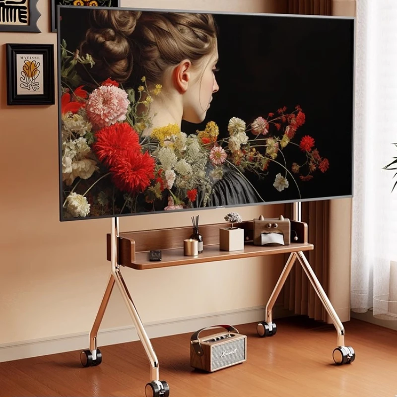 Solid Wood Removable TV Floor Bracket Small Apartment Vertical Cart with Wheels 55/65/75 inch universal Hanger