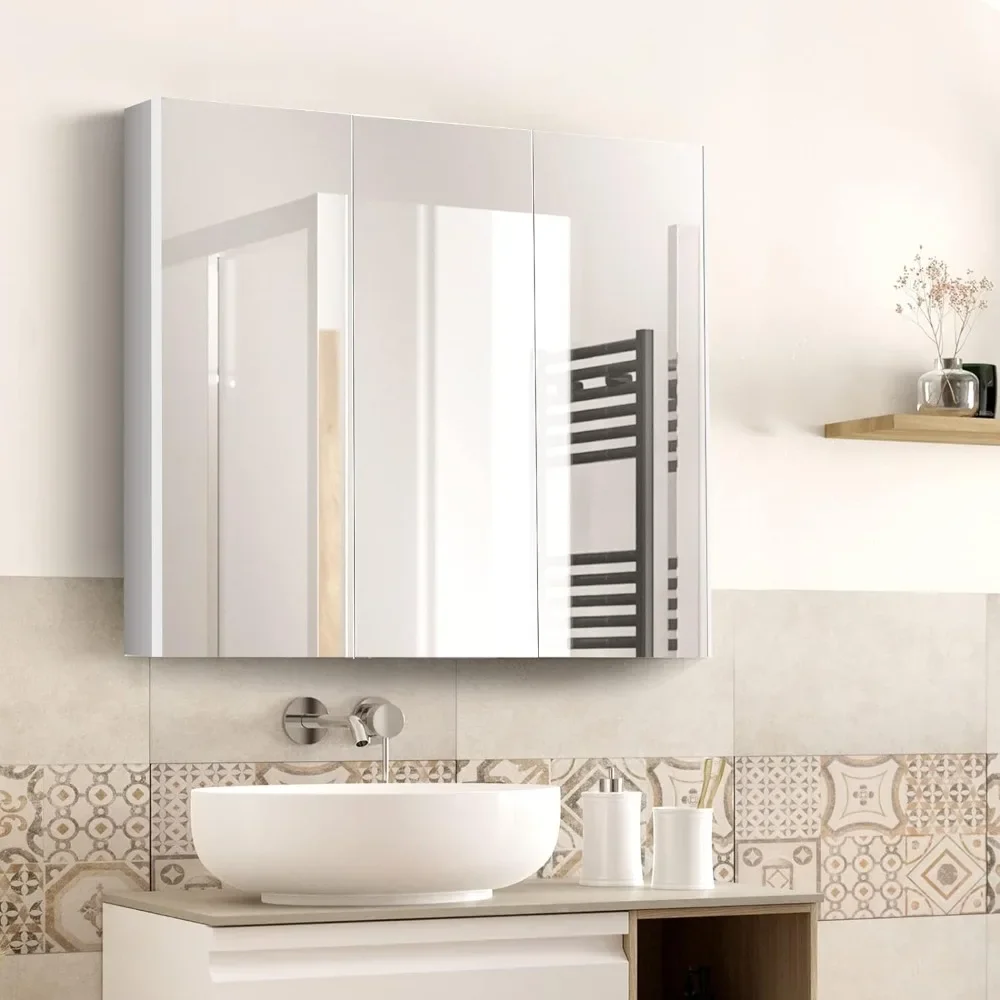 Large Wide Wall Mounted Storage Cabinet with 3 Mirror Doors & Adjustable Shelf, 36 x 4.5 x 25.5 Inch, Bathroom Mirror