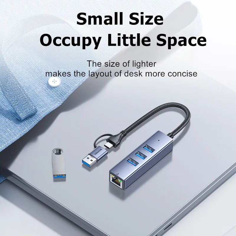 SAMZHE 4-in-1 USB 3.0 Hub USB A & USB C to RJ45 Port Laptop Dock Station With 3 USB 3.0 Port For Macbook Pro Air M1 M2