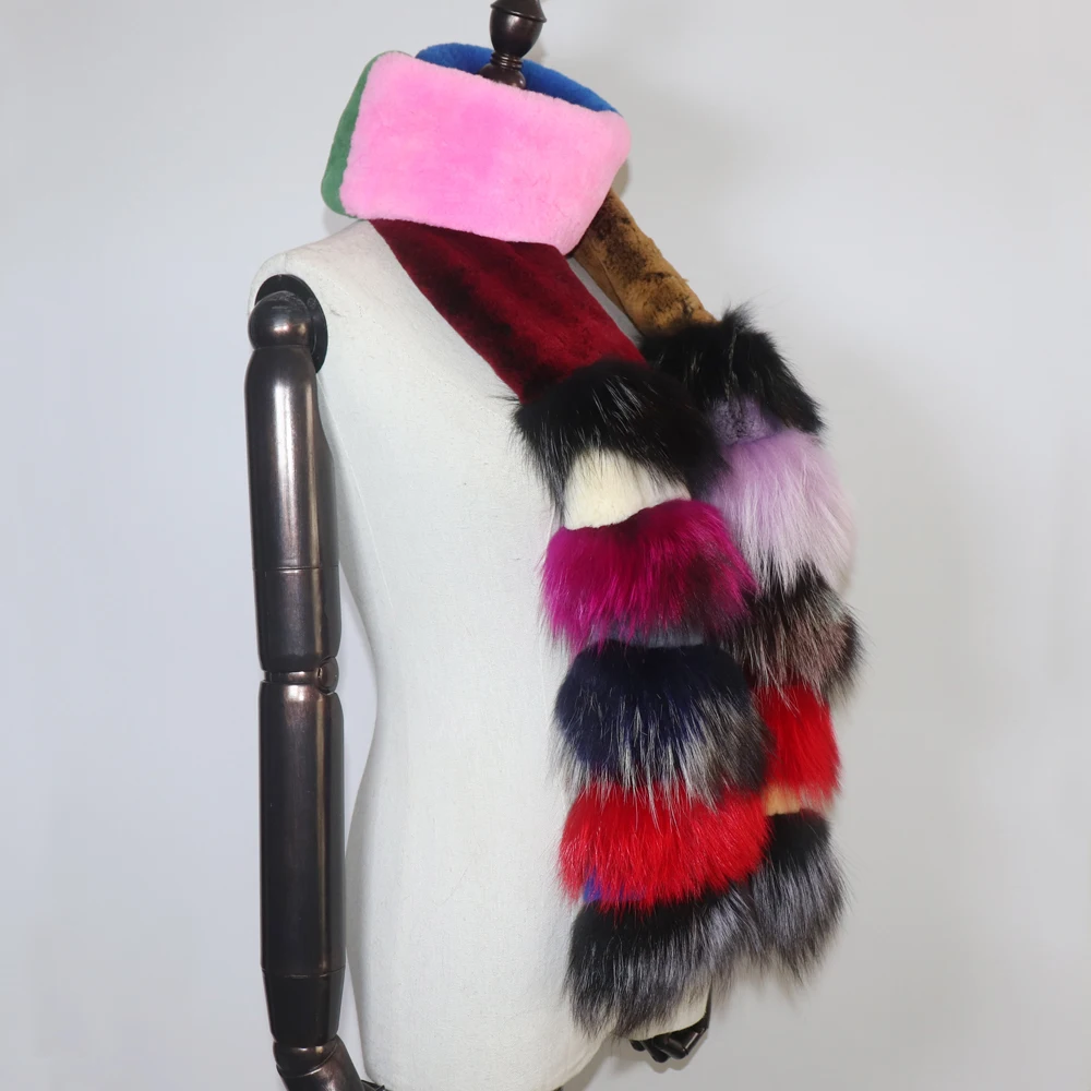 Neu eingetroffen: Modischer, farbenfroher Echtfellschal für Damen, natürlicher, warmer, langer Rex-Kaninchenfellschal, dicker Echtfuchs-Fellschal für Damen. – Detail 5
