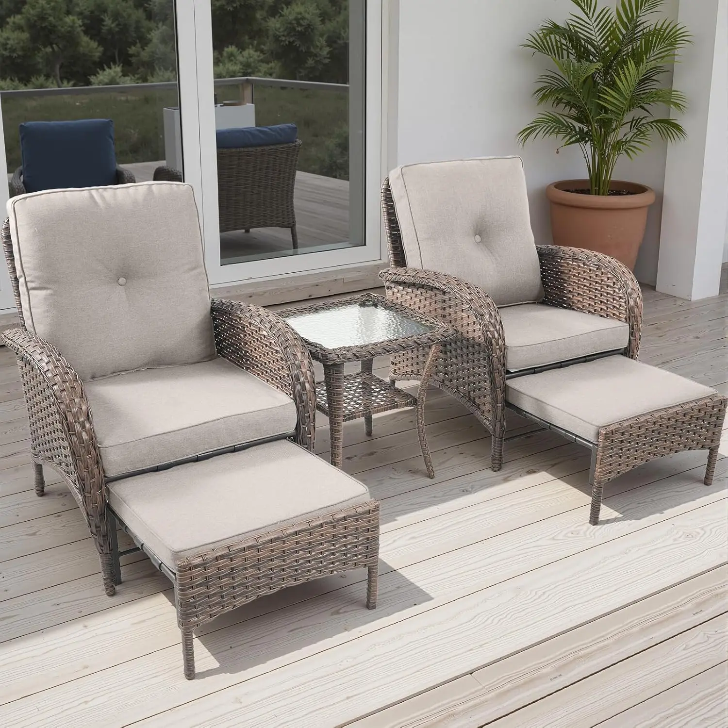 5pc Wicker Patio Furniture Set with Hidden Ottomans Rattan Chairs Side Table for Porch Deck Poolside Garden, Customized