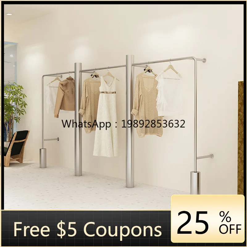 LYY Clothing Store Display Rack Stainless Steel Wall-Mounted Rack silver Side Hanging Women's Store Display Rack Floor-Standing