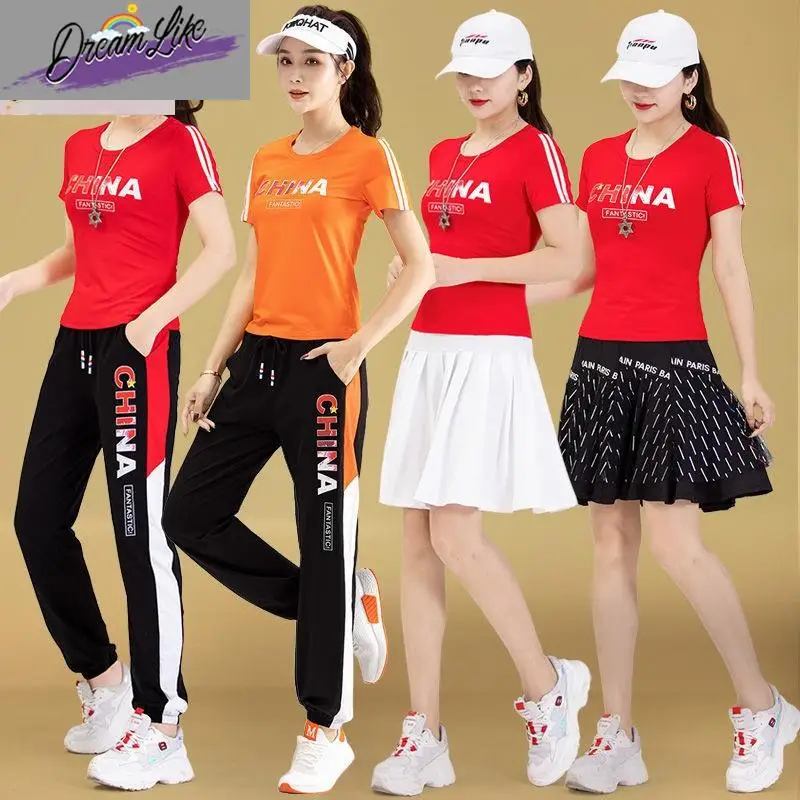 

New Square Dance Fitn Sportswear Summer New ort Sve Skirt Set Dancing Clothes Cotton Material Tee-acetate Fiber