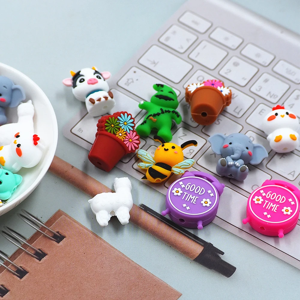 Chenkai 10PCS 3D Duck Bear Silicone Focal Beads For Beadable Pen Silicone Charms for Pen Keychain Making Key Ring Characters