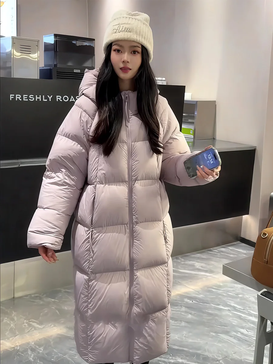 

Winter Thiened Long Puffer Jaet Women's Casual Sle White Du down Loose Outerwear Warm Windproof Hat Elastic Seal