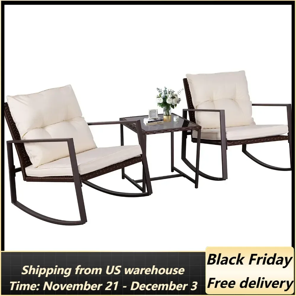 3-Piece Patio Bistro Set Outdoor Rocking Chairs Set Brown Wicker Porch Chairs with Glass Coffee Table, Beige Cushion