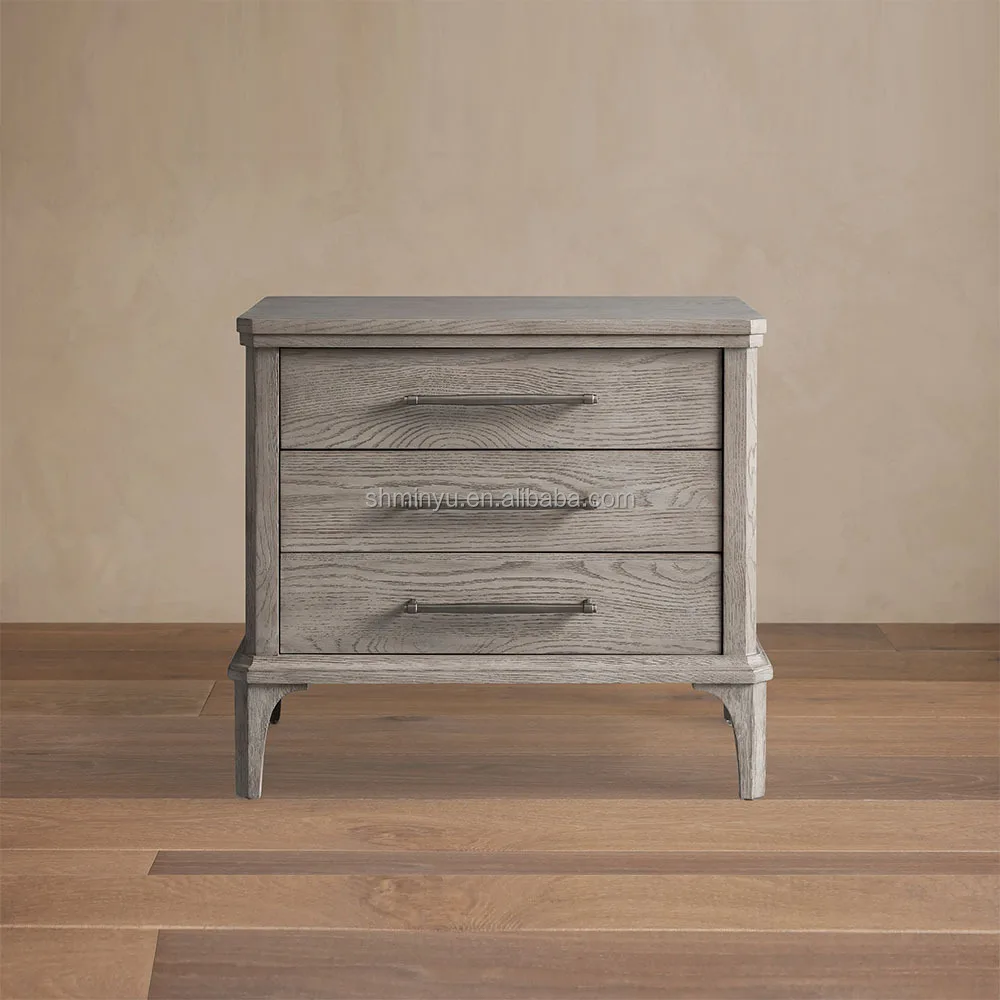Modern Luxury Closed Nightstand Solid Oak Wood Bed Sidetable with 3-drawers Bedroom Furniture