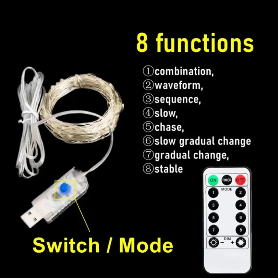USB String Lights 8 Function Remote Control LED Fairy Lights Christmas Garland for New Year Wedding Party Tree Garden Decoration