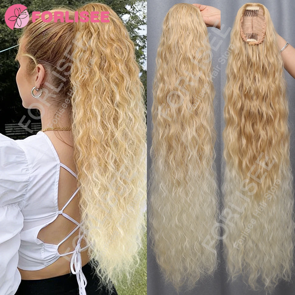 

36Inch Synthetic Long Kinky Wave Curly Drawstring Clip in Ponytail Hair Extension High Temperature Fiber Hairpiece for Women