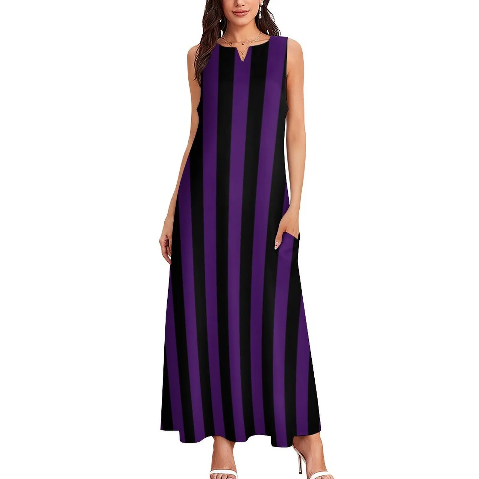 Sharp Edge Purple and Black Gothic Inspired Stripes Long Dress bandage dress summer dress woman 2024 trendy