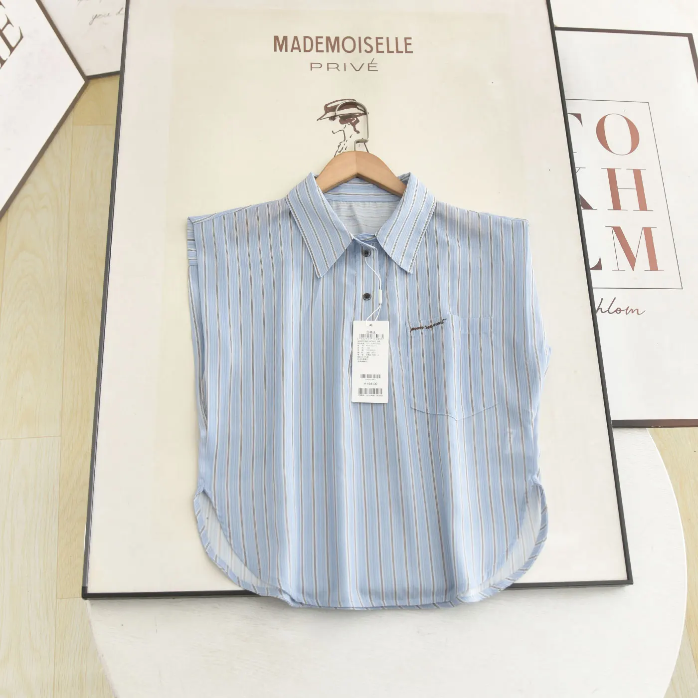 

McSystem 2026 Summer Fashion Collar Letter Embroidery Blue Striped Sleeveless Shirt Women's Casual Loose Fit Breathable