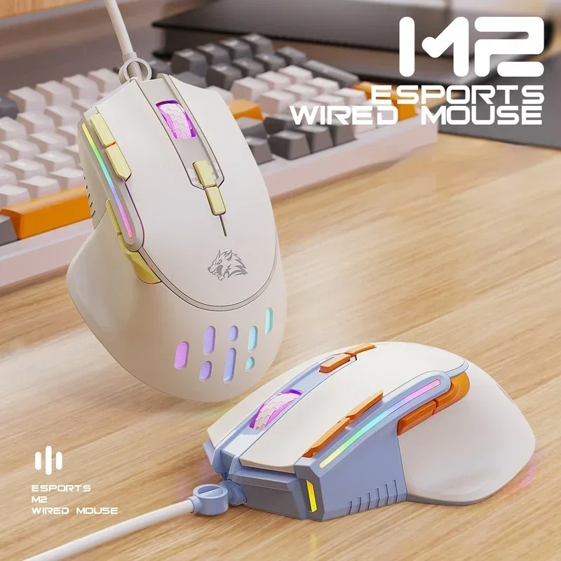 Ratón para juegos Wolf M2 gratis con cable RGB luminoso ligero ergonómico portátil e-sports Macro definición ratón personalizado 12800dpi