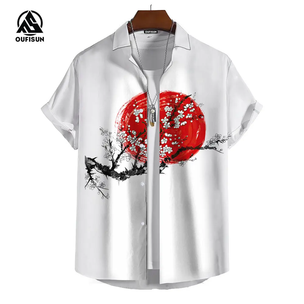 Summer Men\'s Short Sleeve Shirt Japanese Style Printed Sakura Fuji Mountain Pattern Street Fashion Men\'s Shirt Oversized Tops