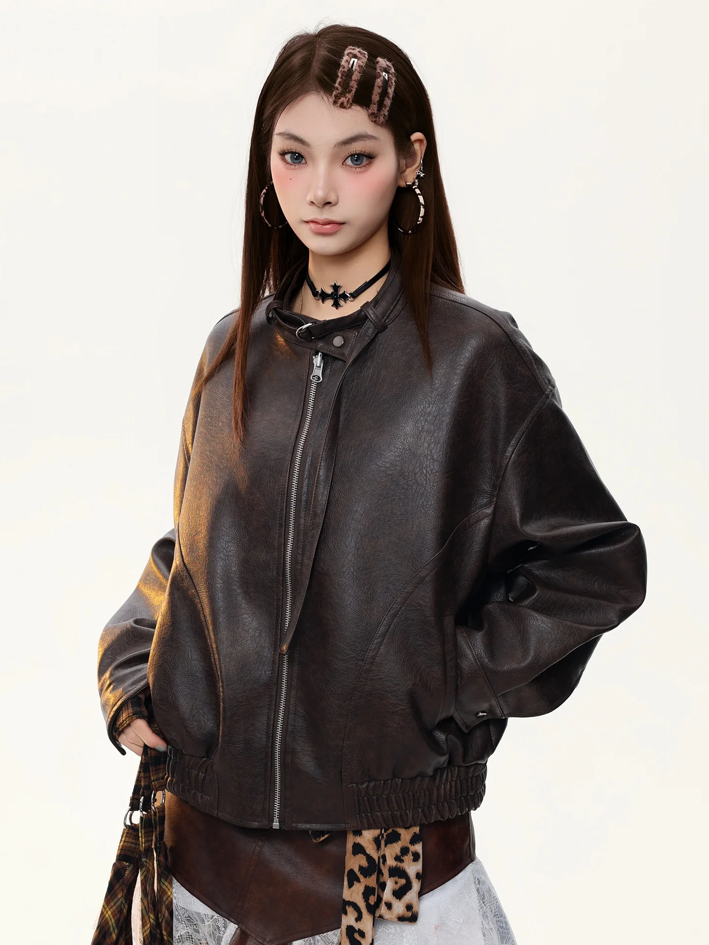 PBB Giacca da donna in pelle PU imbottita, stile retrò americano, nuova collezione primavera, con cintura, taglio dritto, stile vintage, resistente al vento