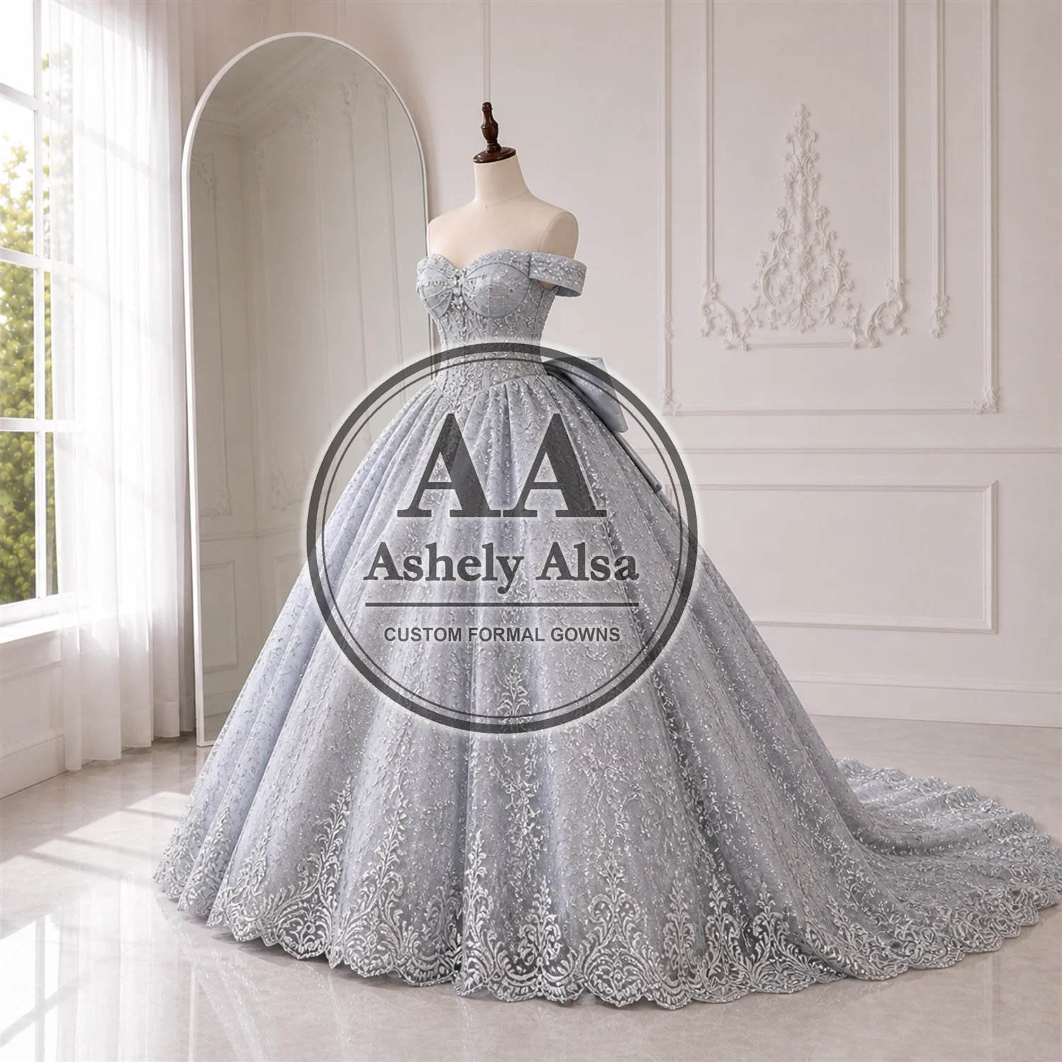 Quality Silver Grey Birthday Party Dress For Women Cap Sleeve Bowknot Ball Gown Shinny Prom Vestido xv Quinceanera Custom AA658