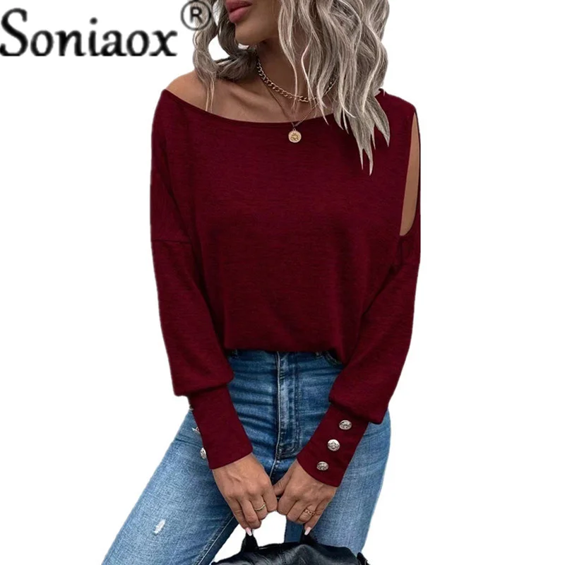 Fashion T-shirt Off The Shoulder Women Button Splicing Long Sleeves 2022 Autumn Solid Color Loose Street Casual Tops Ladies Tees