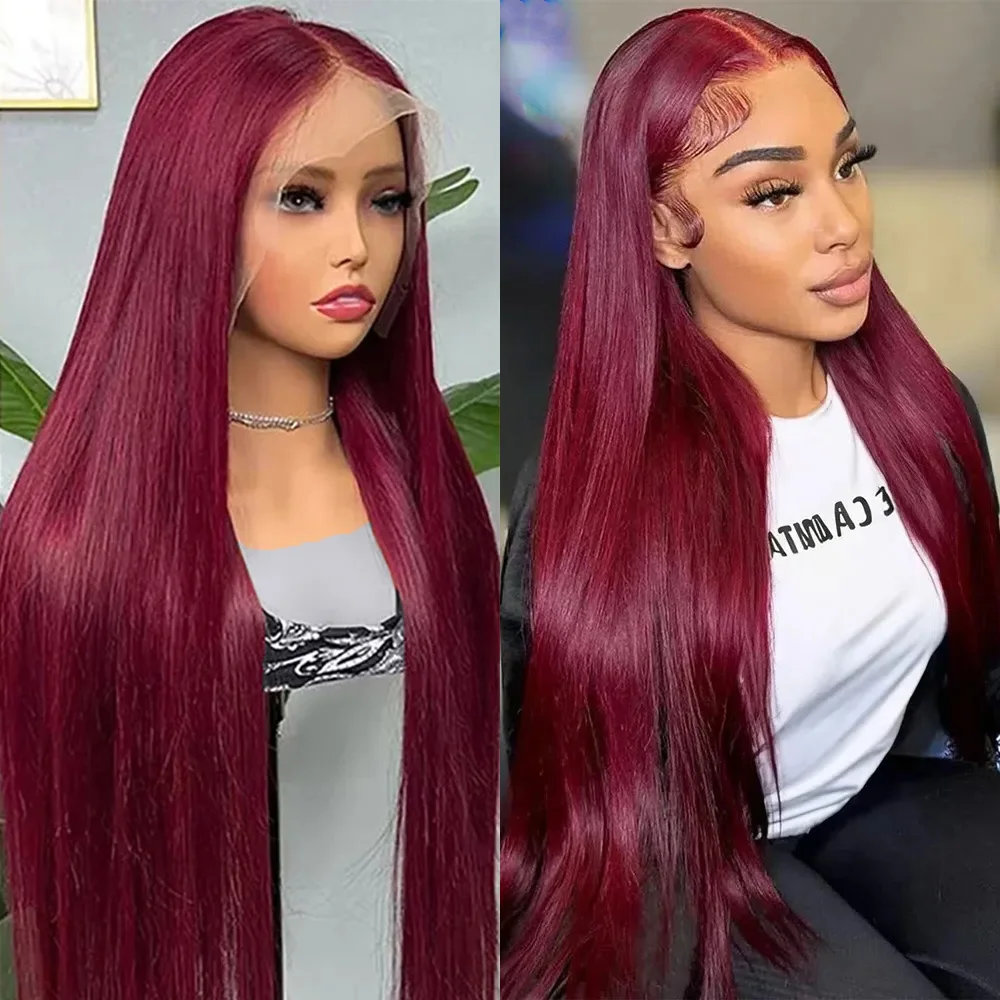 36 بوصة 99J الملونة الدانتيل الجبهة باروكة من شعر طبيعي مستقيم بورجوندي 13x4 13x6 HD الدانتيل الشفاف الباروكات الأمامية شعر مستعار أحمر للنساء #1