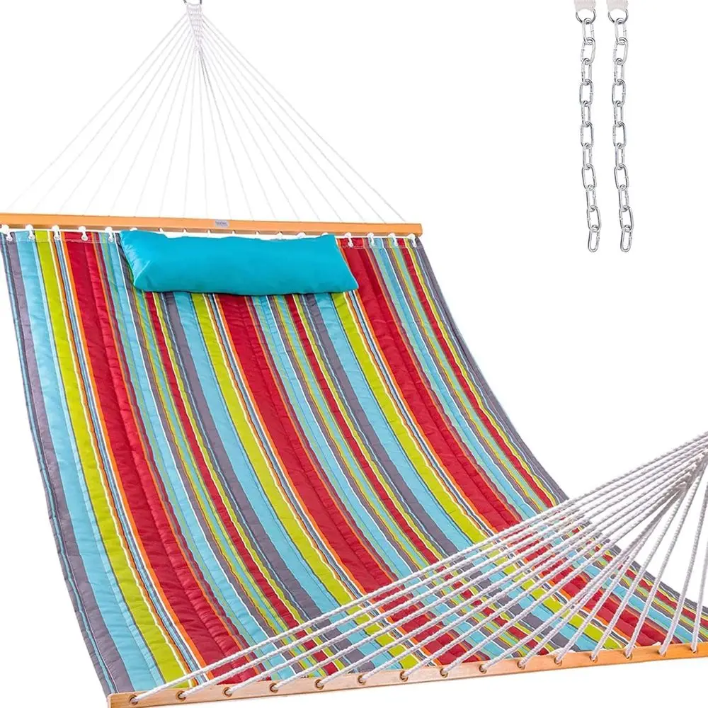 

Double Hammock with Quilted Fabric, Spreader Bars, Detachable Pillow, 450 lbs Capacity