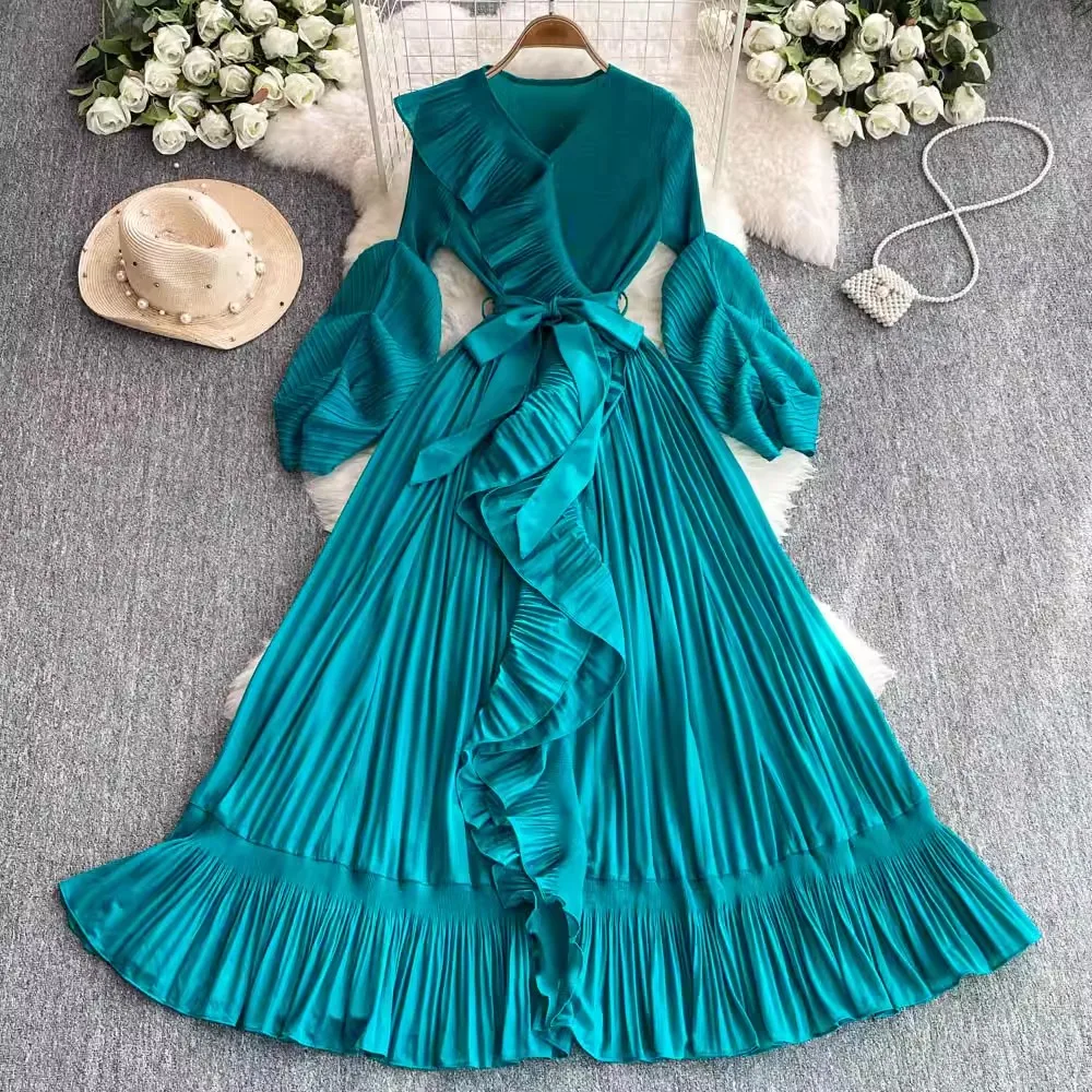Letnie wakacje Miyake plisowana sukienka damska dekolt w serek długi rękaw latarniowy zasznurować elastyczne, ponadgabarytowe falbany szata Boho luźna Vestido