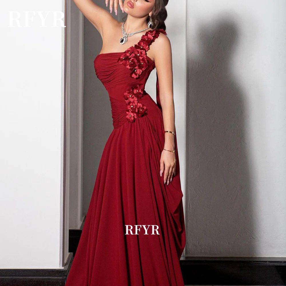 

RFYR A Line Party Dress One Shoulder Evening Dress with Flowers Chiffon Prom Dress فستان سهرة Customized
