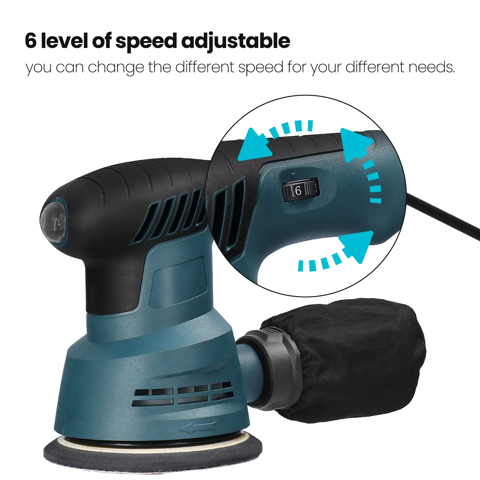 Lixadeira Elétrica Orbit com Poeira, Lixadeira, Máquina de Polir Automóvel, Regulação de 6 Velocidades, 300W, 5 ", 125mm