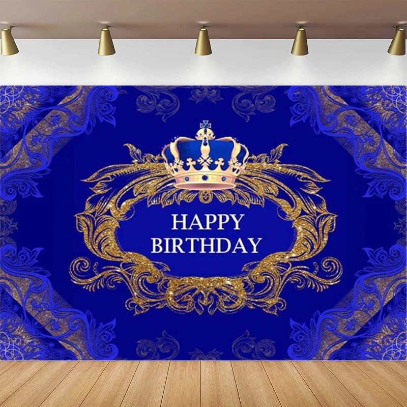 

Photography Backdrop Blue Gold Birthday King Prince Royal Background For Fondo De Rey Crown Floral Frame Men Party Decor Banner