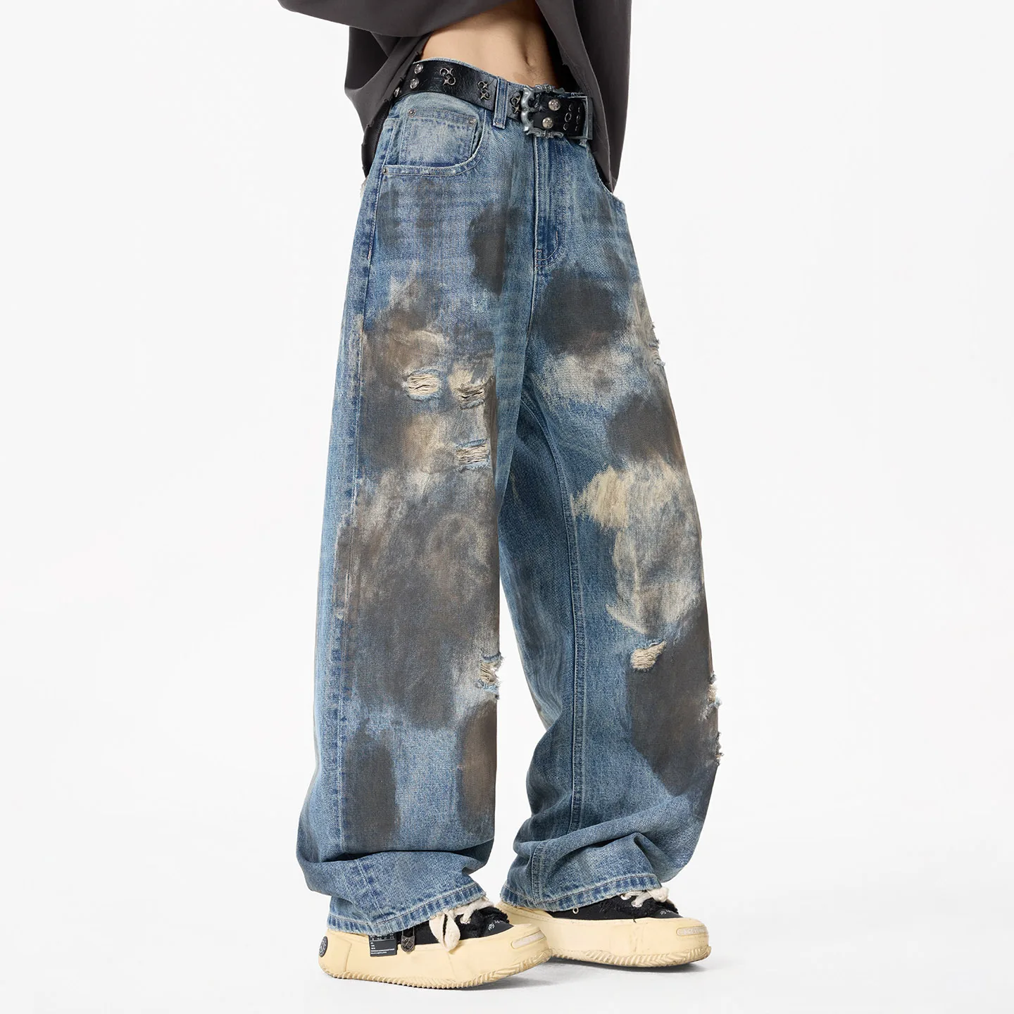 

Men Streetwear Hip Hop Loose Casual Vintage Wide Leg Straight Baggy Jeans Pants Trousers Dirty Blue Hole Denim Ripped Jeans