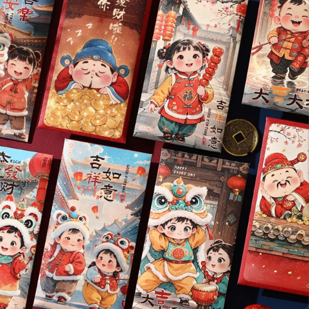 Enveloppes rouges de style chinois pour enfants, bénédiction traditionnelle, sac d'argent porte-bonheur, épaissi, nouvel an, 14-bao, 6 pièces