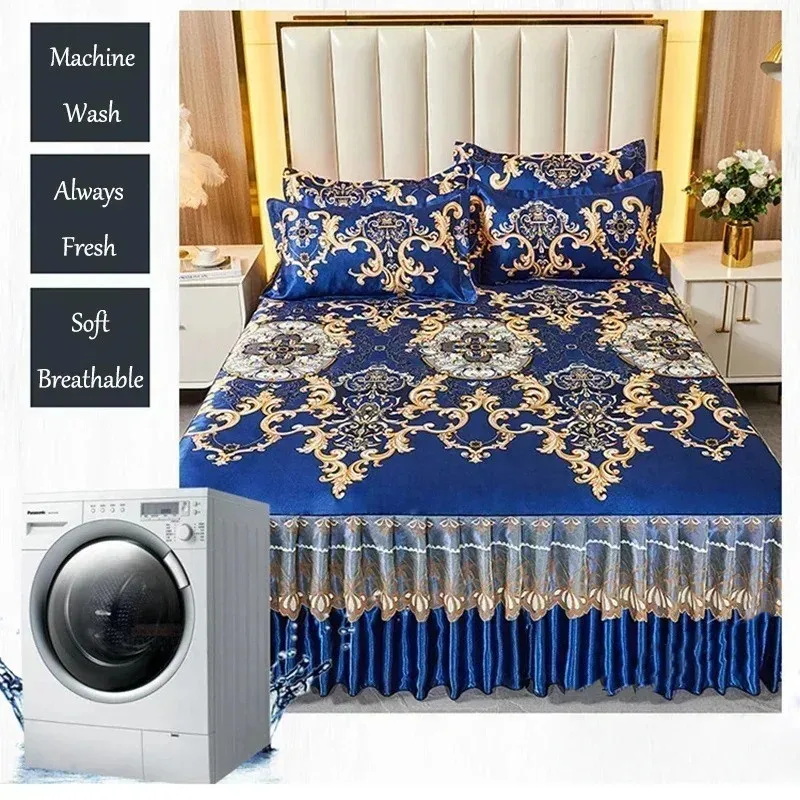 Imagem -03 - Conjunto Moderno de Colcha Azul Real Saia de Cama Legal Lençóis Laváveis à Máquina Elástico Rainha King Size Pcs