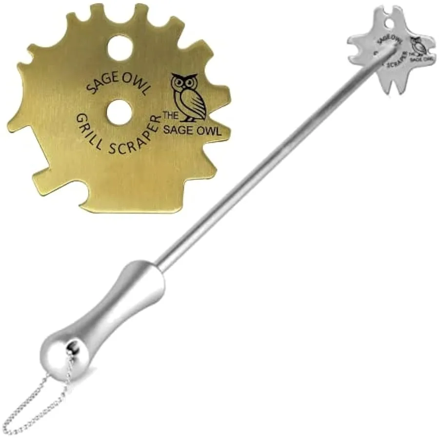 

Sage Owl Stainless Steel BBQ Grill Scraper with 17.5 Handle Combo - Extra Portable Universal Brass Barbecue Cleaner Grill Tools