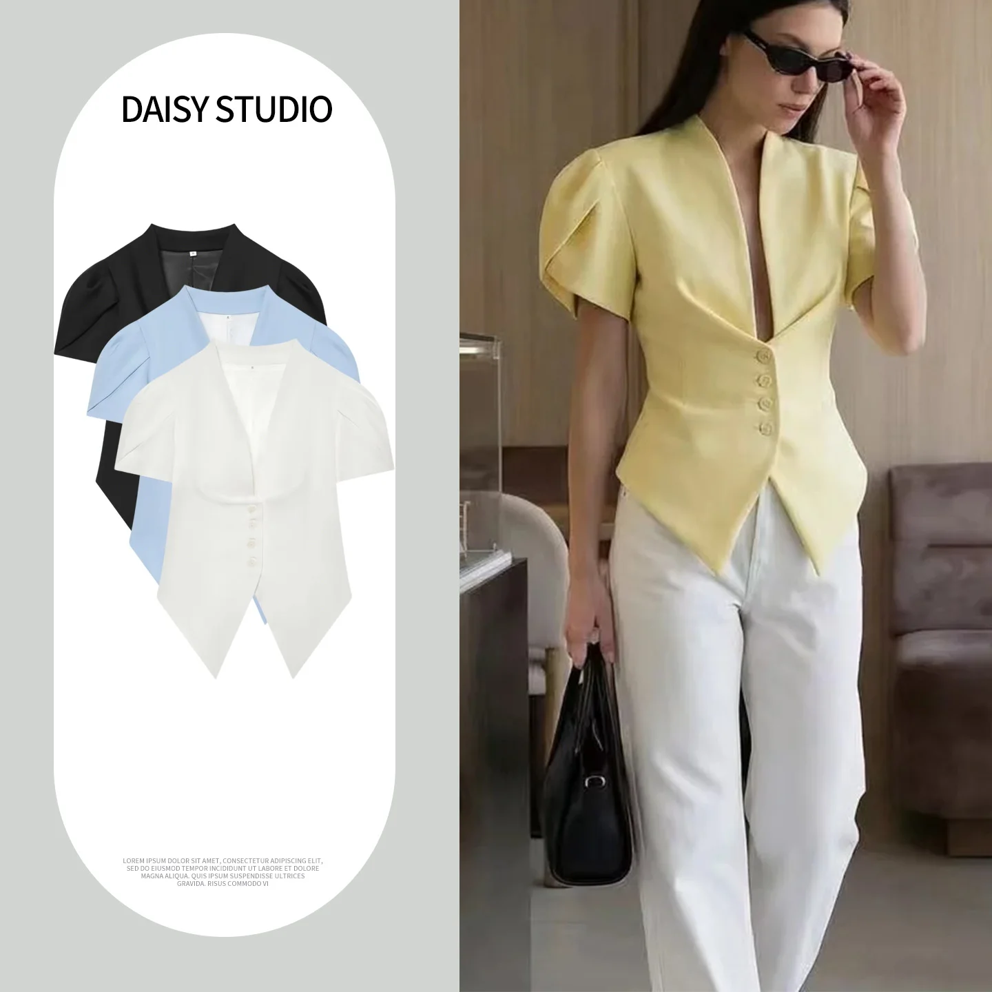 

Slim Fit Women's Shirt Deep V Neck Bubble Sleeve Short Length Asymmetric Hem Short Shirt Casual Style Polyester Fiber