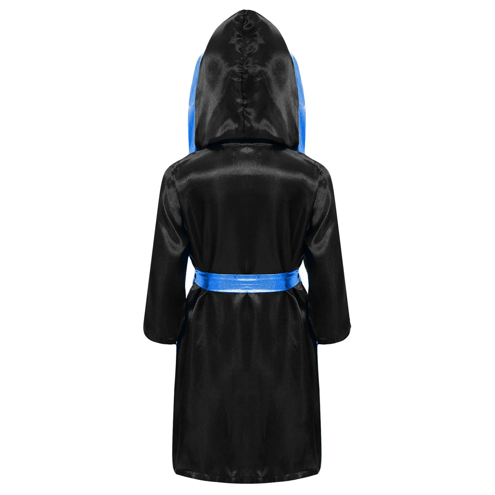 Boys Boxing Clothes Long Sleeve Metallic Satin Cardigan Hooded Cloak Robe with Belt Halloween Carnival Boxer Cosplay Costume