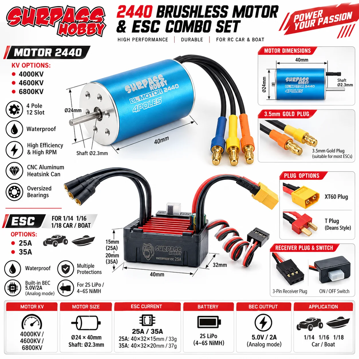 Surpass Hobby Waterproof 2440 4000KV 4600KV 6800KV Brushless Motor 25A 35A ESC for 1/14 1:16 1:18 RC Racing Off-road Car Boat