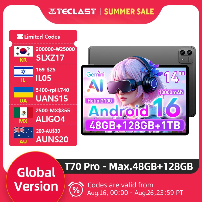 Teclast T70 Pro 14" 2.2K Display 2240x1400 MTK Helio G100 Max. 48GB RAM 128GB ROM Android 16 Tablets PC 10000mAh 18W 4G LTE