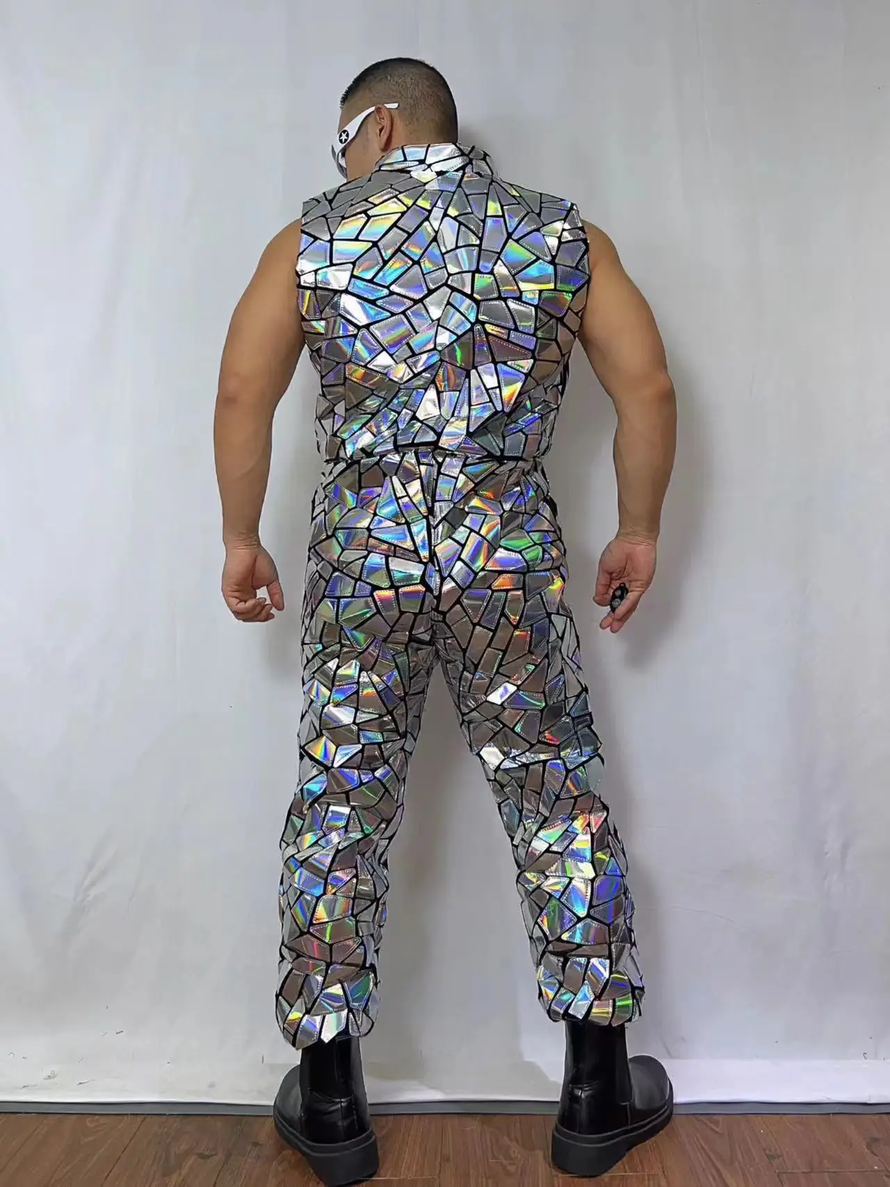 Reflective Laser Mirror Silver Sequins Sleeveless Jumpsuit Male Jazz Hip Hop Dance Team Performance Costume Bar Party Stage Wear