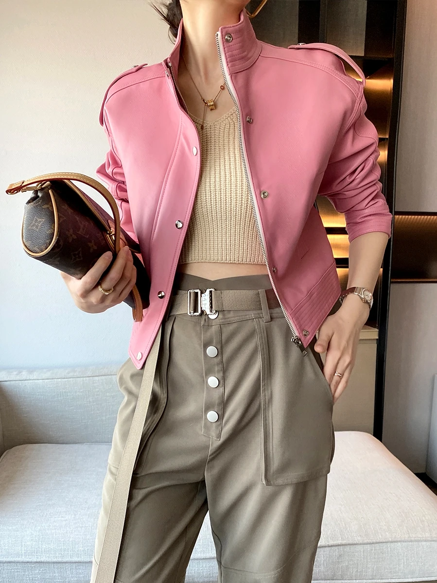 2024 New High End Light Coated Real Sheepskin Short Casual Coat Pink Genuine Leather Jacket Women Fashion Clothing