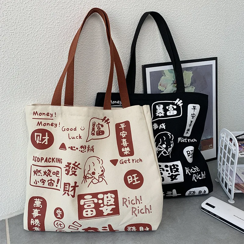 New Canvas Shoulder Bag for Women 2022 Chinese Cartoon Print Female Handbags Cloth Shopping Bags Ladies Tote Beach Shopper Bag