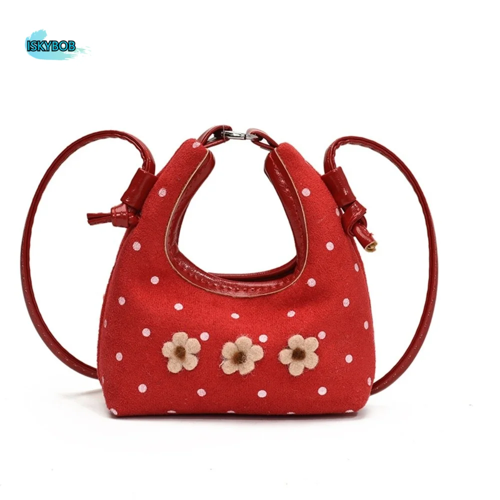

Sweet Mini Long Belt Messenger Bag Cartoon Polka Dot Print Suede Crossbody Handbag Soft Versatile Flower Shoulder Bag Casual
