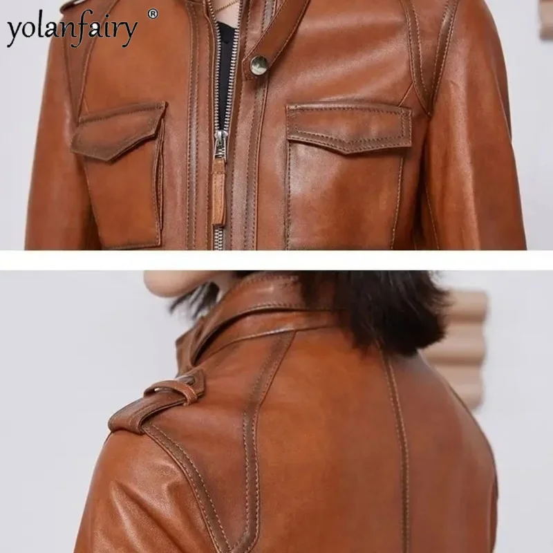 Veste de motard en cuir véritable pour femme, manteau en peau de mouton véritable, mode féminine, printemps, 2023