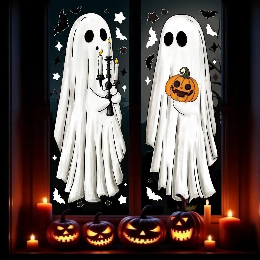 6PCS Cartoon Halloween Window Decals Bats Black Cat Spooky Pumpkin Large Size White Phantom Window Stickers Removable Waterproof