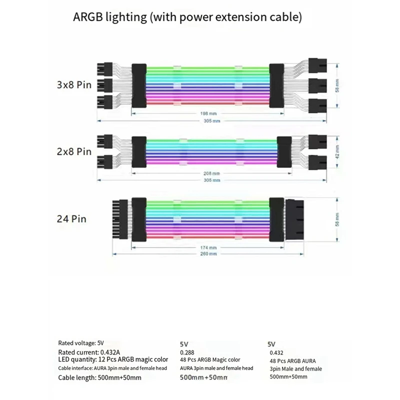 Argh สายต่อพาวเวอร์ซัพพลายสายเมนบอร์ดสายต่อขยาย RGB สำหรับคอมพิวเตอร์