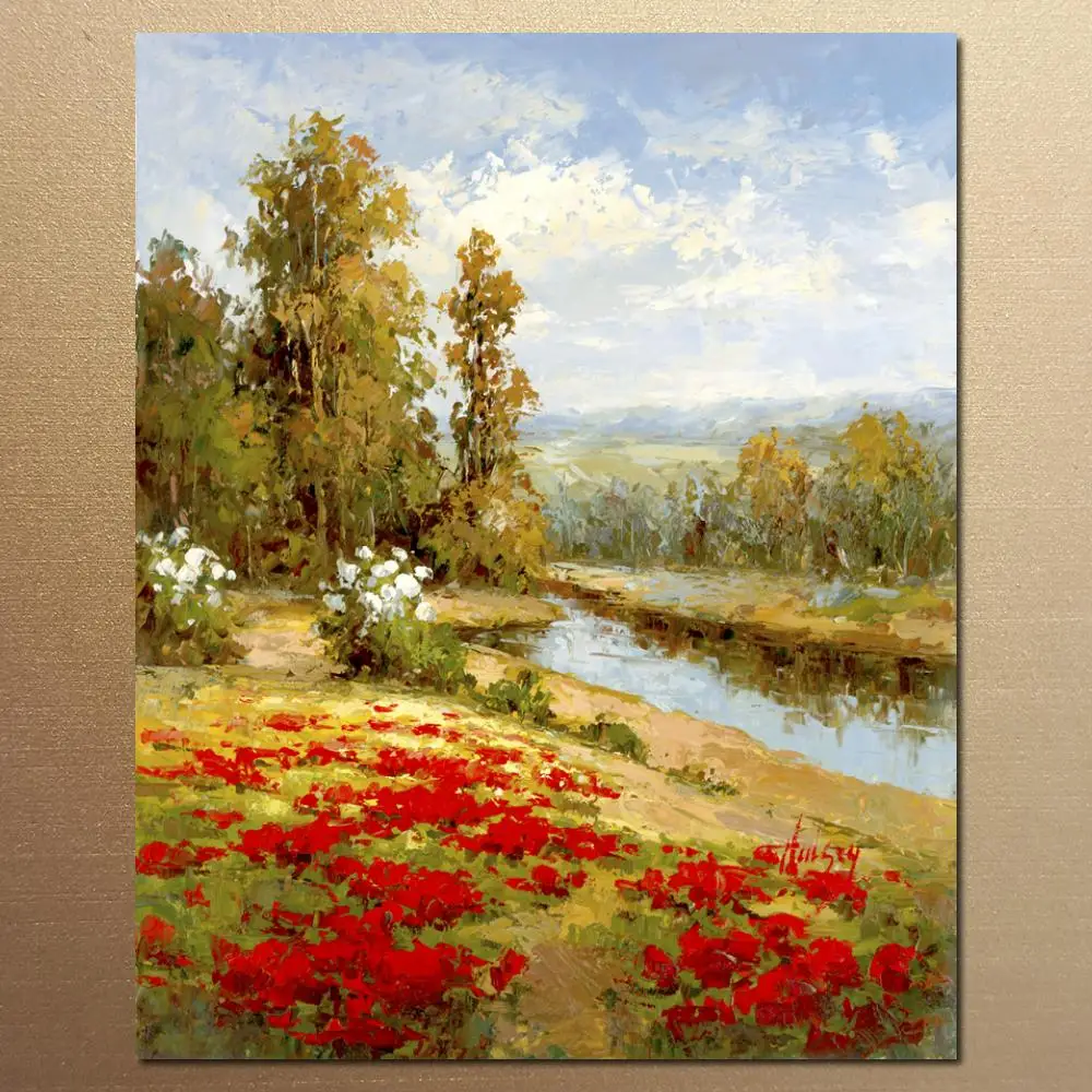 

Modern Landscape Canvas Wall Art Handmade Poppy Vista Modern Artwork Painting for Living Room Bathroom Decor Large High Quality