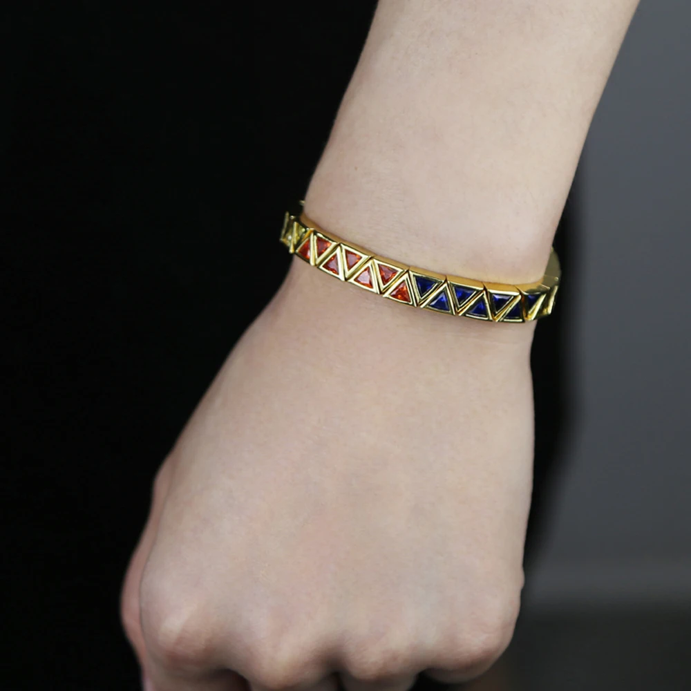 New Iced Out Triangular Stretch Bracelet Gold Color Cubic Zirconia Rainbow Bangle For Women Fashion Jewelry