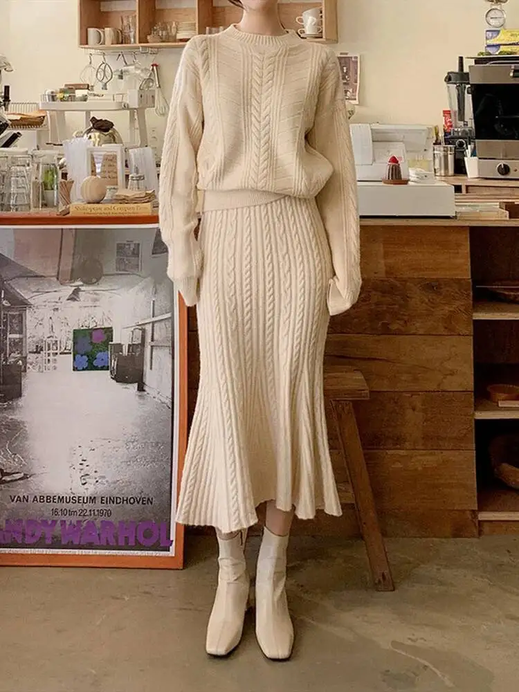 

Autumn Winter High Quality Long Sleeve Knitted Loose Pullover Sweater +Women High Waist A Line Skirt Thicken Knitted 2 Piece Set