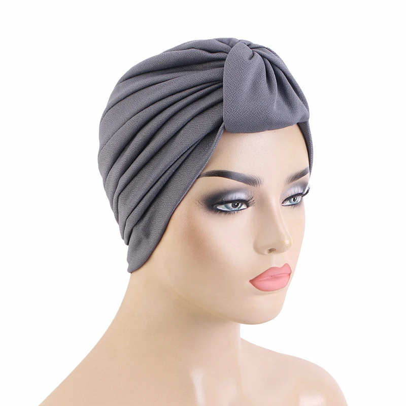 2024 New Loop Ruffled Women's Turban Cap Pleated African Head Wrap Bonnet Female Headscarf Hat Solid Muslim Hat Turbante Mujer